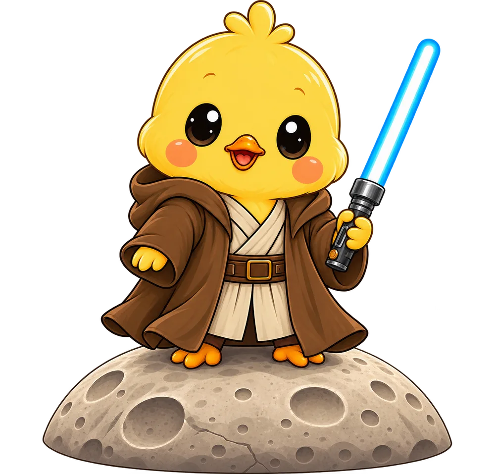 Pollito vestido de Jedi sobre un planeta