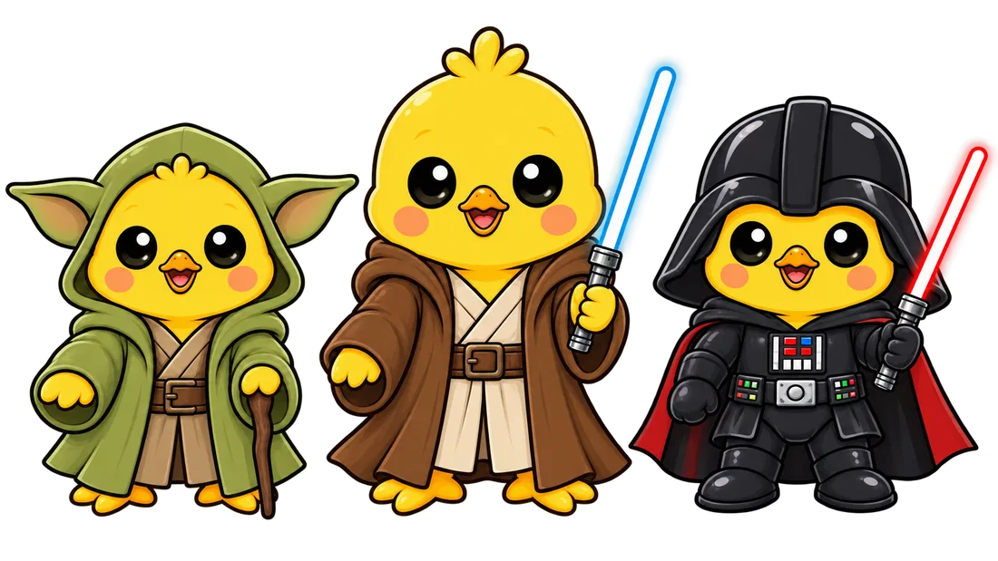 Tres pollitos galácticos vestidos de Jedi, Yoda y Vader